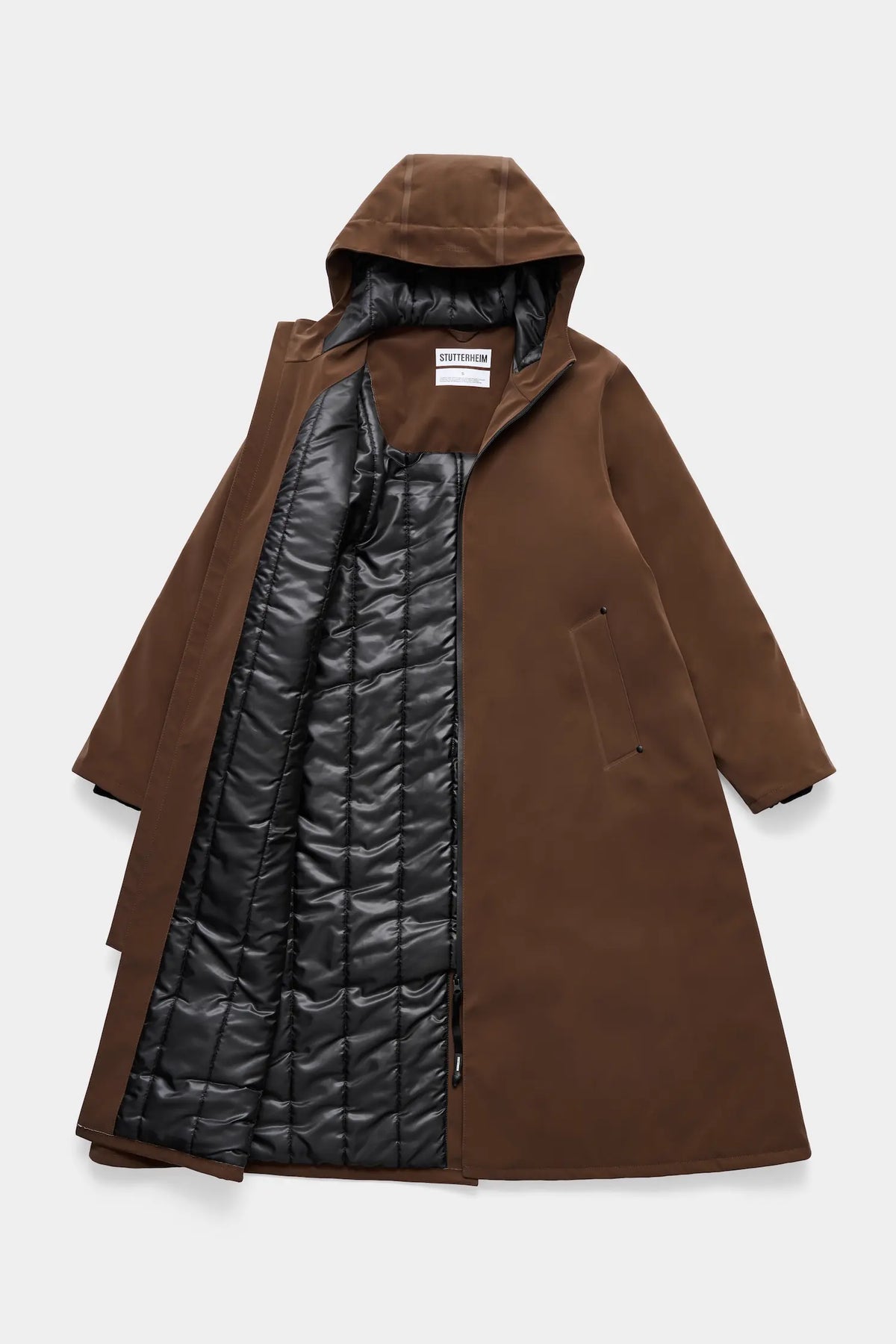 Mosebacke Long Matte Dark Brown Winter Coat displayed with an adjustable hood and fleece lining.