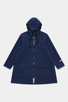 Mosebacke Patch Navy Raincoat featuring an A-line silhouette, adjustable hood, and patch pockets.