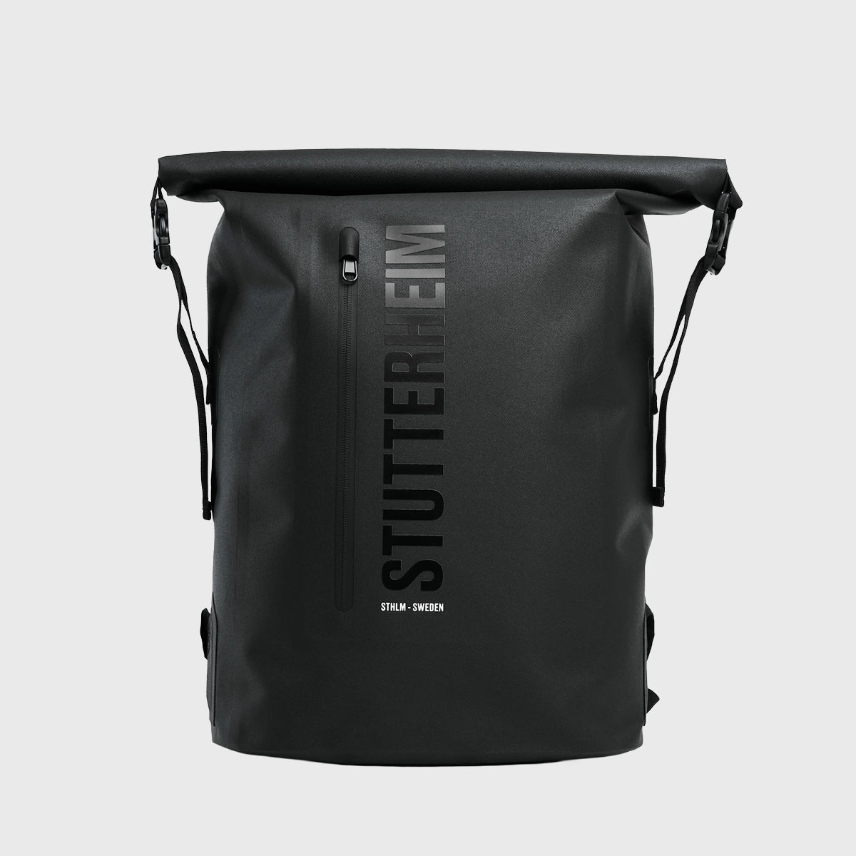 Rain Rolltop 25L Black Backpack featuring waterproof design and rolltop opening.