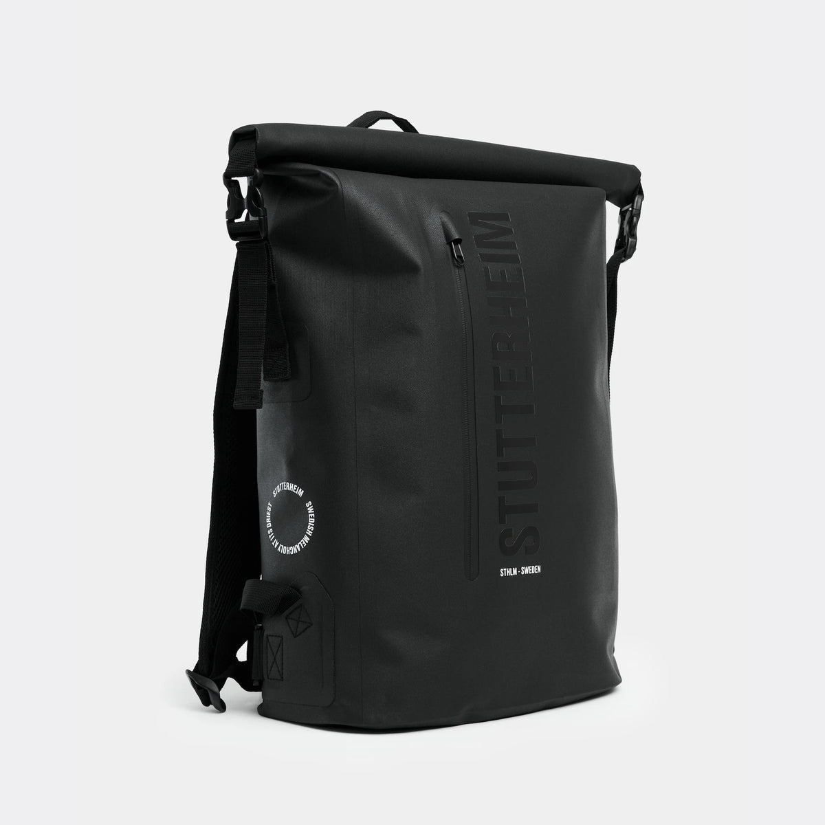Rain Rolltop 25L Black Backpack featuring waterproof design and rolltop opening for optimal convenience.