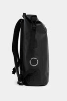 Rain Rolltop 25L Black Backpack side view showcasing waterproof design and rolltop closure.