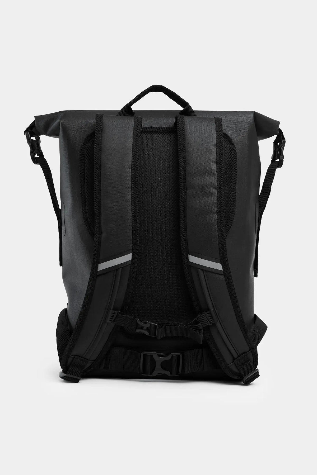 Rain Rolltop 25L Black Backpack with padded shoulder straps and rolltop design.