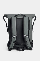 Rain Rolltop 25L Green Backpack with padded shoulder straps and rolltop closure.