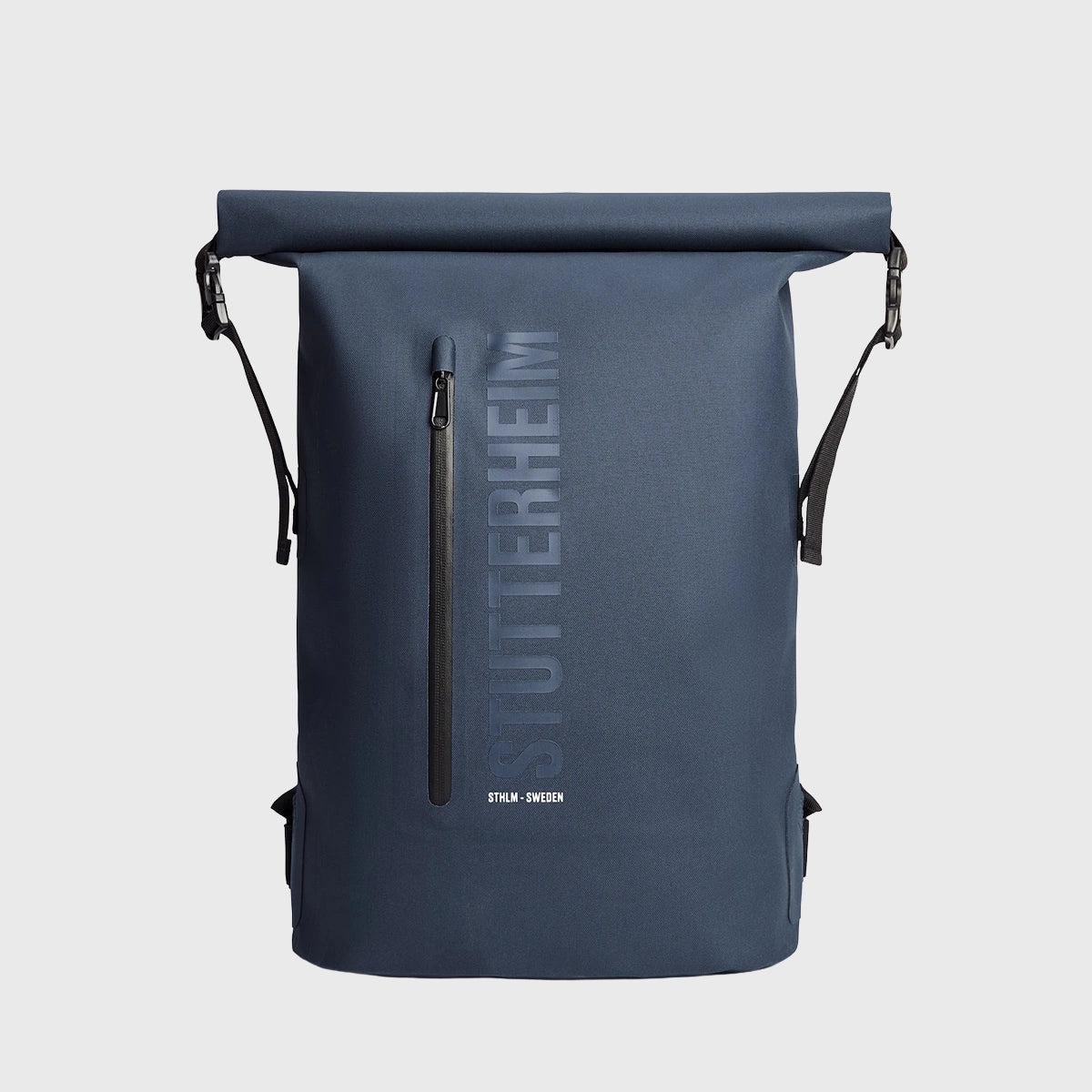 Rain Rolltop 25L Navy Backpack with rolltop opening and waterproof zippers.