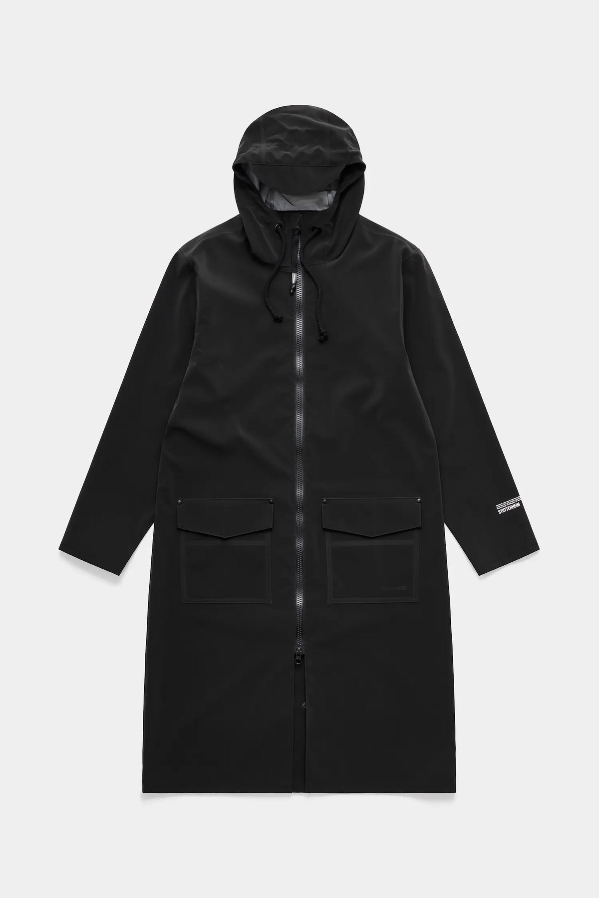 Stockholm Long Patch Black Raincoat featuring adjustable drawstring hood and patch pockets.