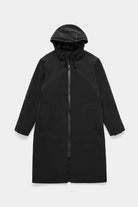 Stockholm Long Matte Black Winter Coat displayed from the front view, showcasing its sleek design and adjustable hood.