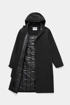 Stockholm Long Matte Black Winter Coat displayed with a hood and quilted lining, showcasing its waterproof design.