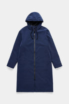 Stockholm Long Matte Navy Winter Coat with adjustable hood and waterproof fabric.