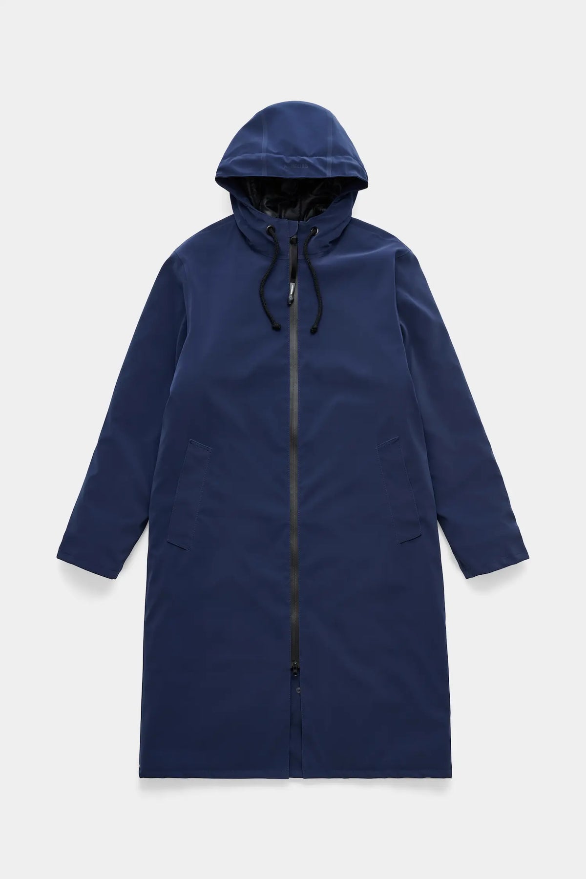 Stockholm Long Matte Navy Winter Coat with adjustable hood and waterproof fabric.