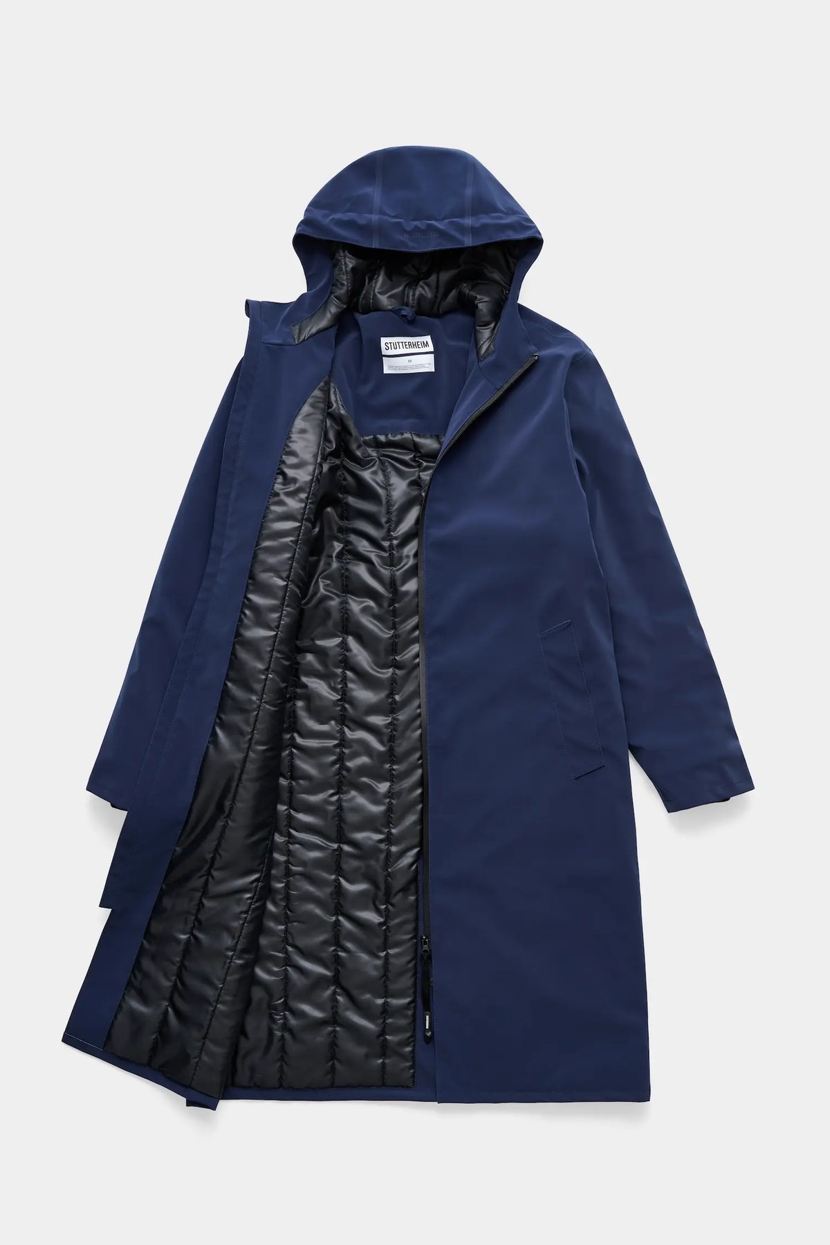 Stockholm Long Matte Navy Winter Coat featuring adjustable hood and breathable fabric.