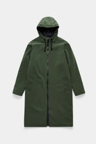 Stockholm Long Matte Green Winter Coat with adjustable drawstring hood and zip closure.