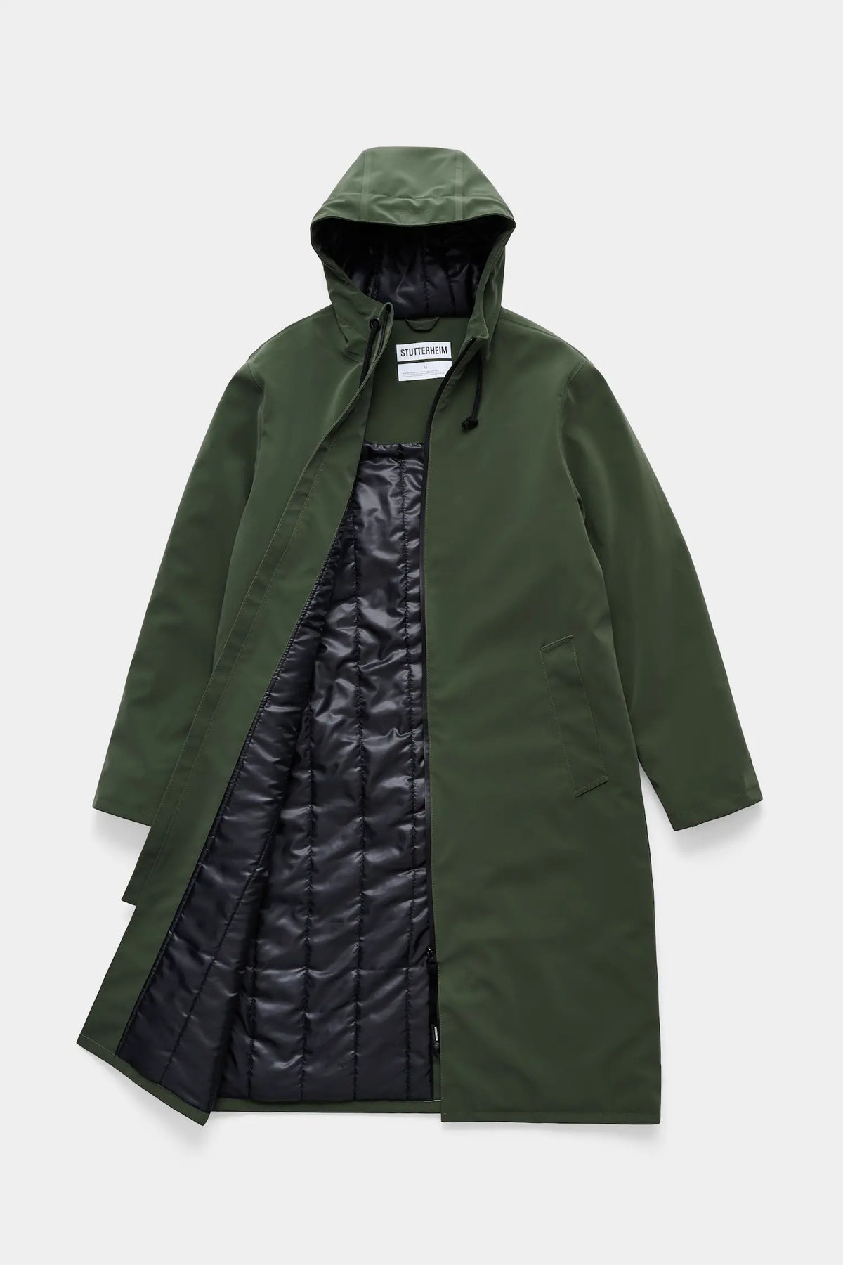 Stockholm Long Matte Green Winter Coat with adjustable hood and quilted lining