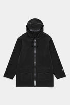 Stockholm Patch Black Raincoat features adjustable hood, two-way zipper, and spacious patch pockets for style and functionality.