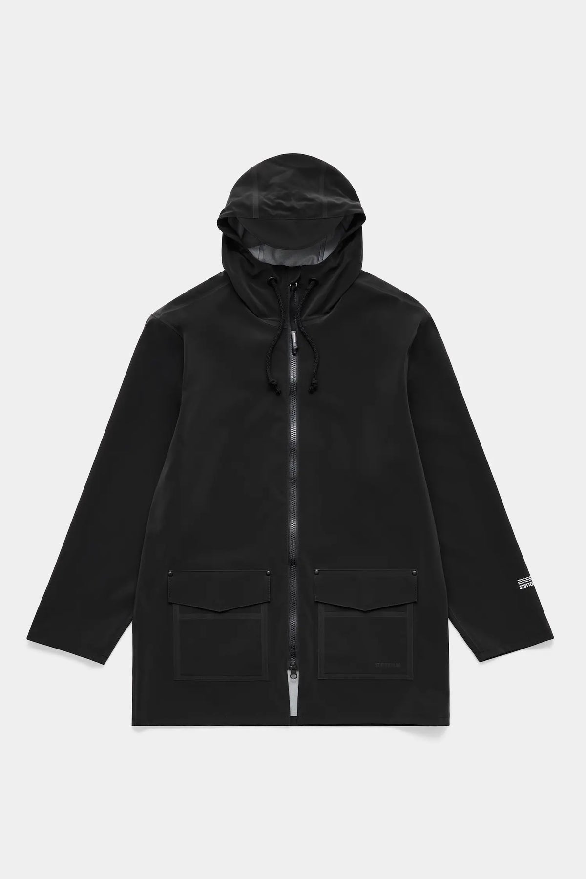 Stockholm Patch Black Raincoat features adjustable hood, two-way zipper, and spacious patch pockets for style and functionality.