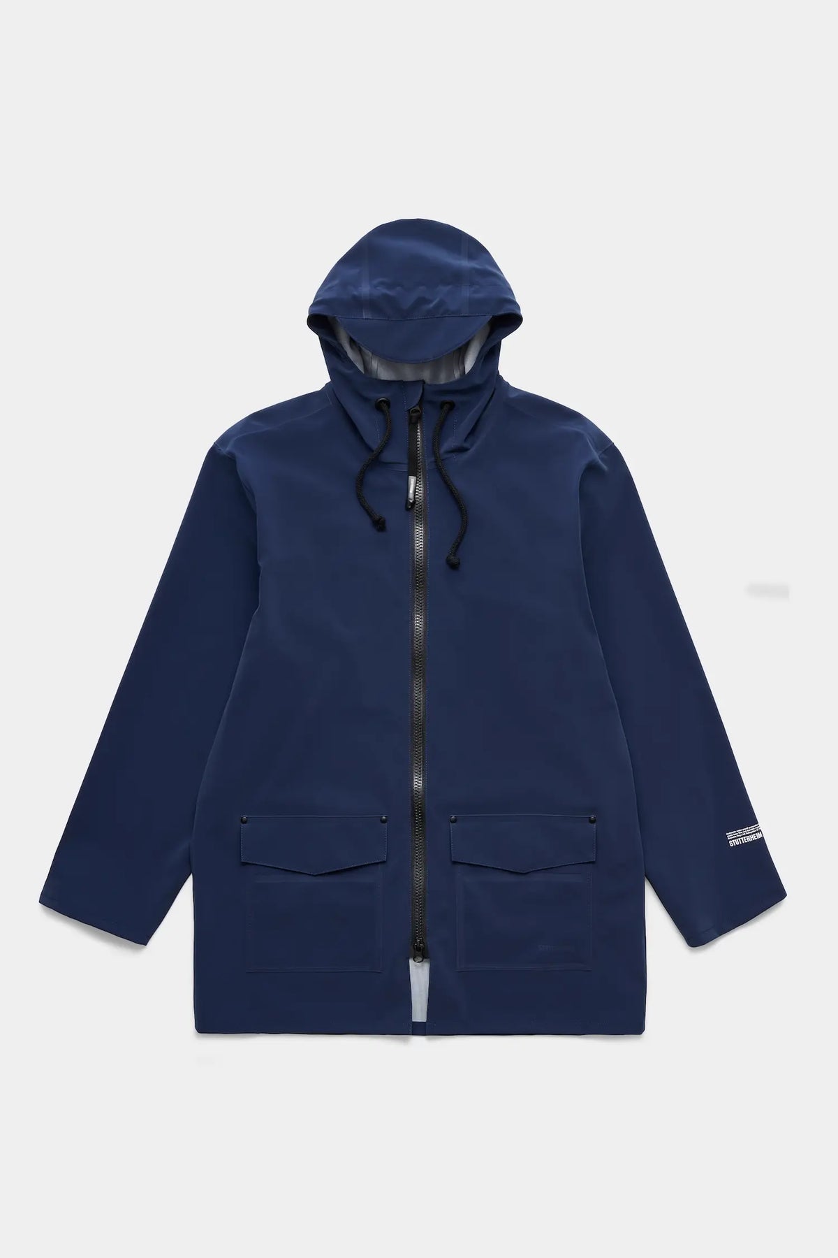 Stockholm Patch Navy Raincoat with adjustable hood and flap pockets, showcasing a waterproof design for all weather protection.