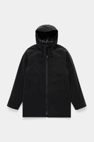 Stockholm Matte Black Winter Coat featuring a matte finish and adjustable hood.