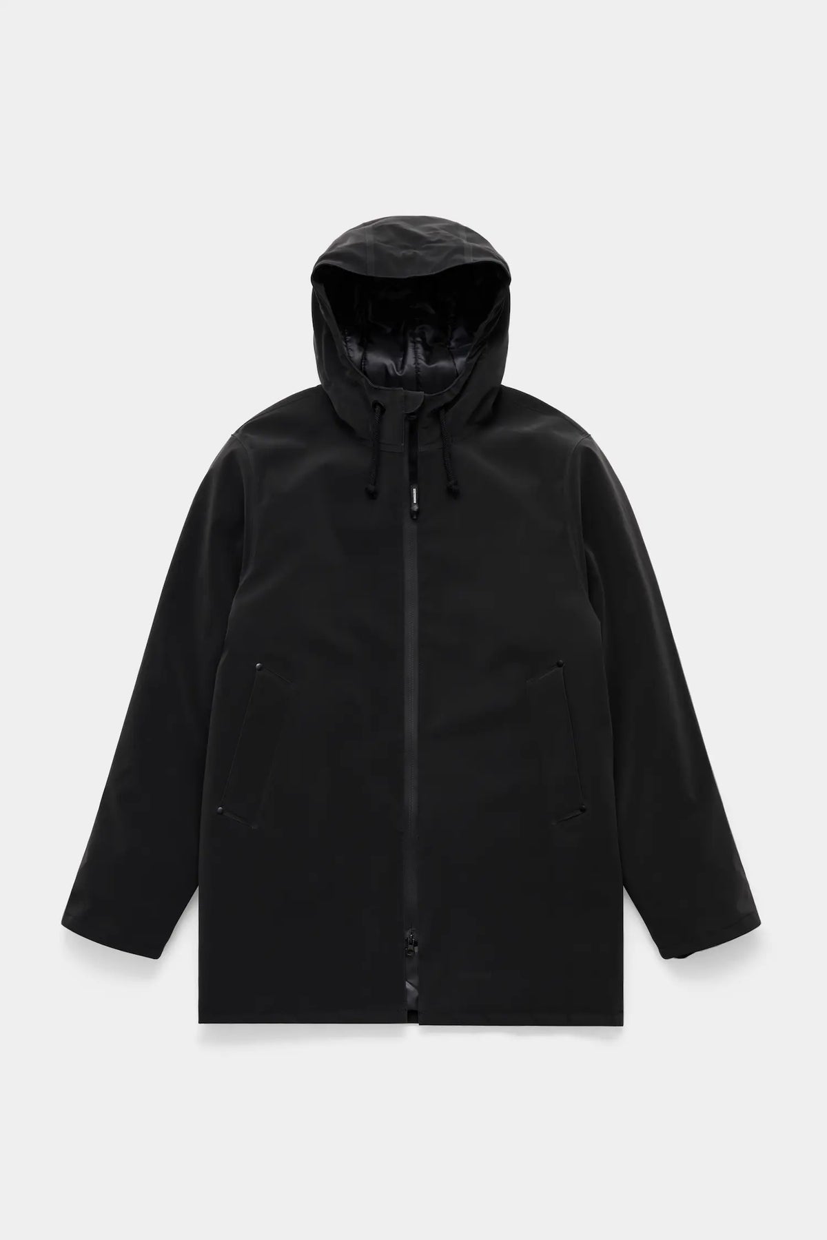 Stockholm Matte Black Winter Coat featuring a matte finish and adjustable hood.