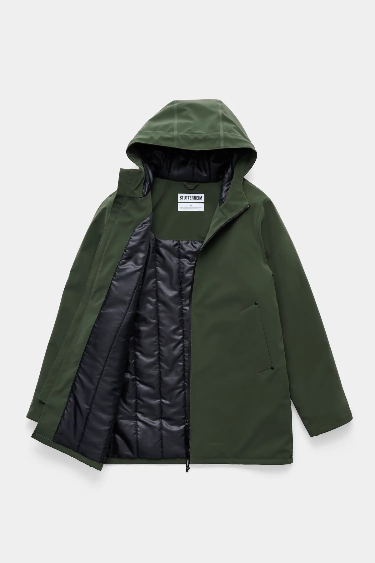 Stockholm Matte Green Winter Coat open with hood, showcasing waterproof shell and fleece lining.