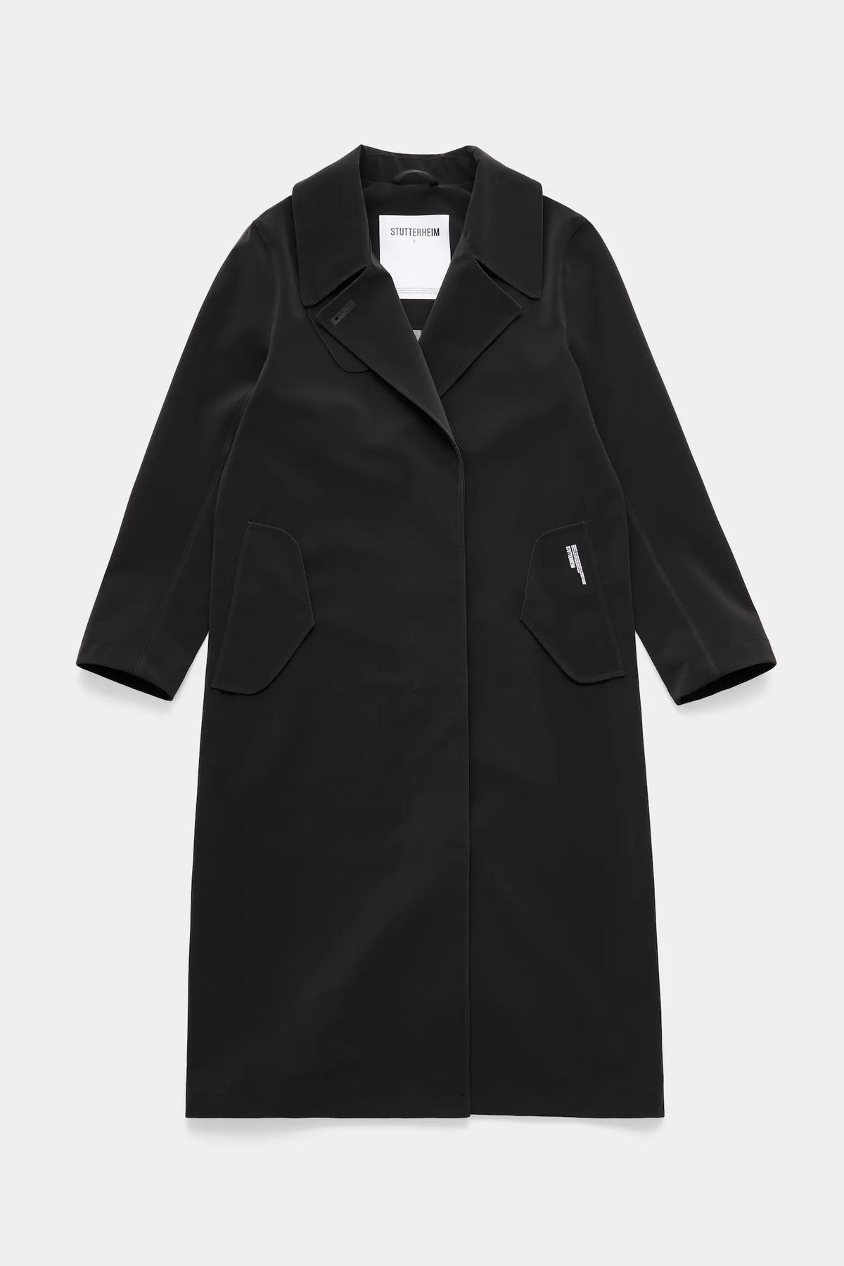 Wayfair Black Trench Coat displayed on a white background, showcasing its sleek design and oversized fit.