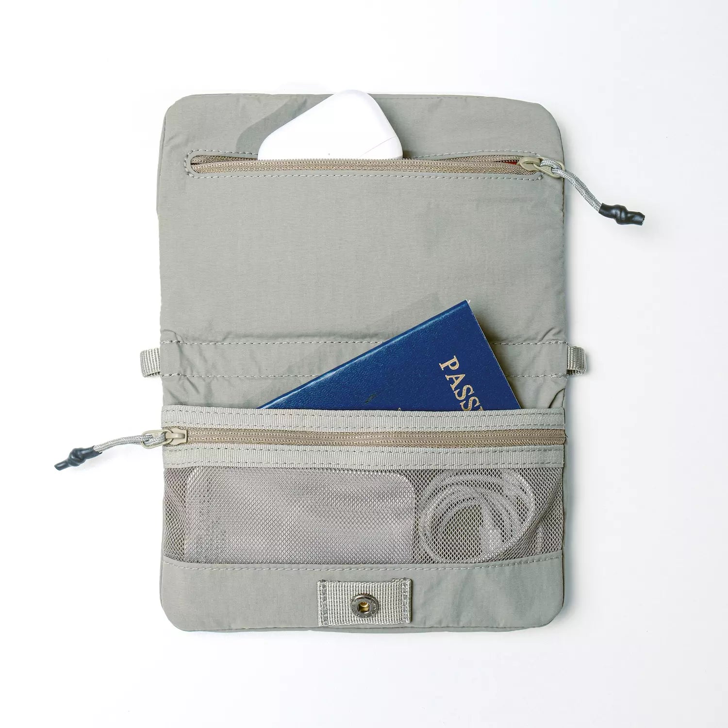 Interior view of Phone Sacoche 90 Purple Washed Silk Nylon Bag showing compartments for documents and accessories.