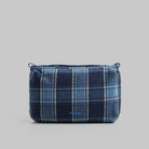 Bottle Sacoche Large Blue Check Wool Bag in navy with blue check pattern, made of water-repellent fabric.
