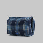 Bottle Sacoche Large Blue Check Wool Bag in navy and blue plaid design, featuring zipped compartments and water repellent fabric.
