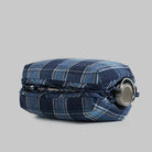 Bottle Sacoche Large Blue Check Wool Bag with water repellent fabric and elastic cord for secure bottle placement.