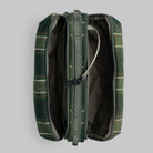 Bottle Sacoche Large Green Check Wool Bag showing internal compartments and zippers.