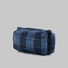 Bottle Sacoche Medium Blue Check Wool Bag side view showcasing the plaid design and zipped compartments.