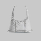 Cloud Hobo Small Chrome Space Coated Shoulder Bag featuring a sleek design with drawstring details and daisy chain webbing.