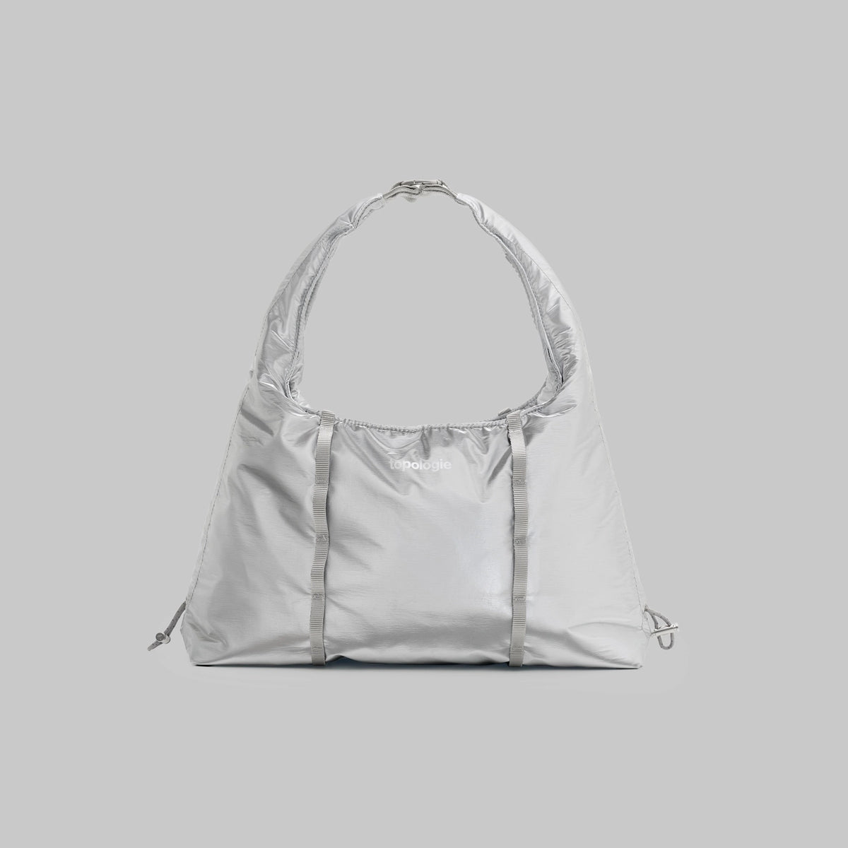 Cloud Hobo Small Chrome Space Coated Shoulder Bag in sleek silver with drawstring detail and daisy chain webbing.