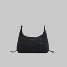 Cloud Hobo XS Black Tech Sateen Shoulder Bag in black with drawstring details and daisy chain webbing.