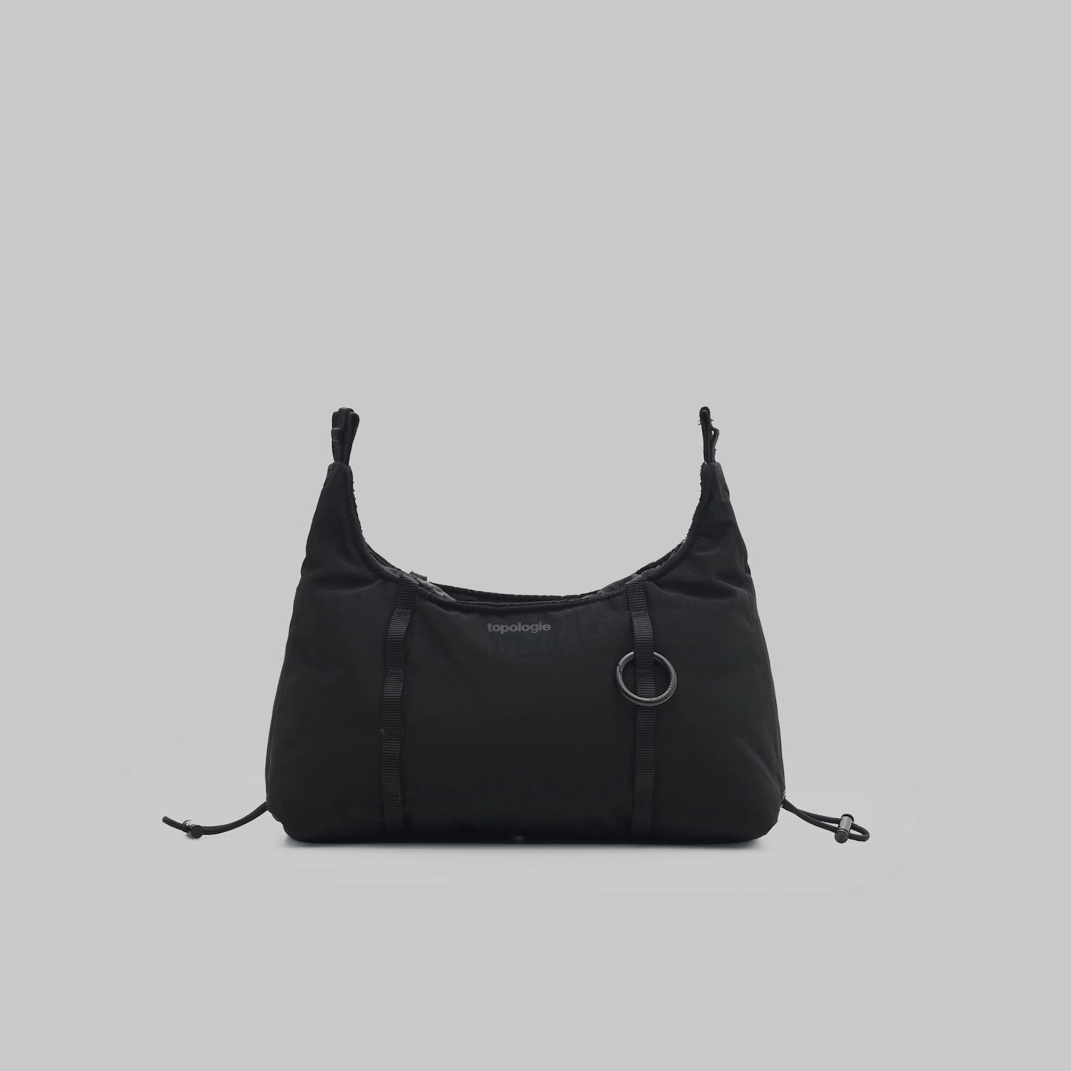 Cloud Hobo XS Black Tech Sateen Shoulder Bag in black with drawstring details and daisy chain webbing.