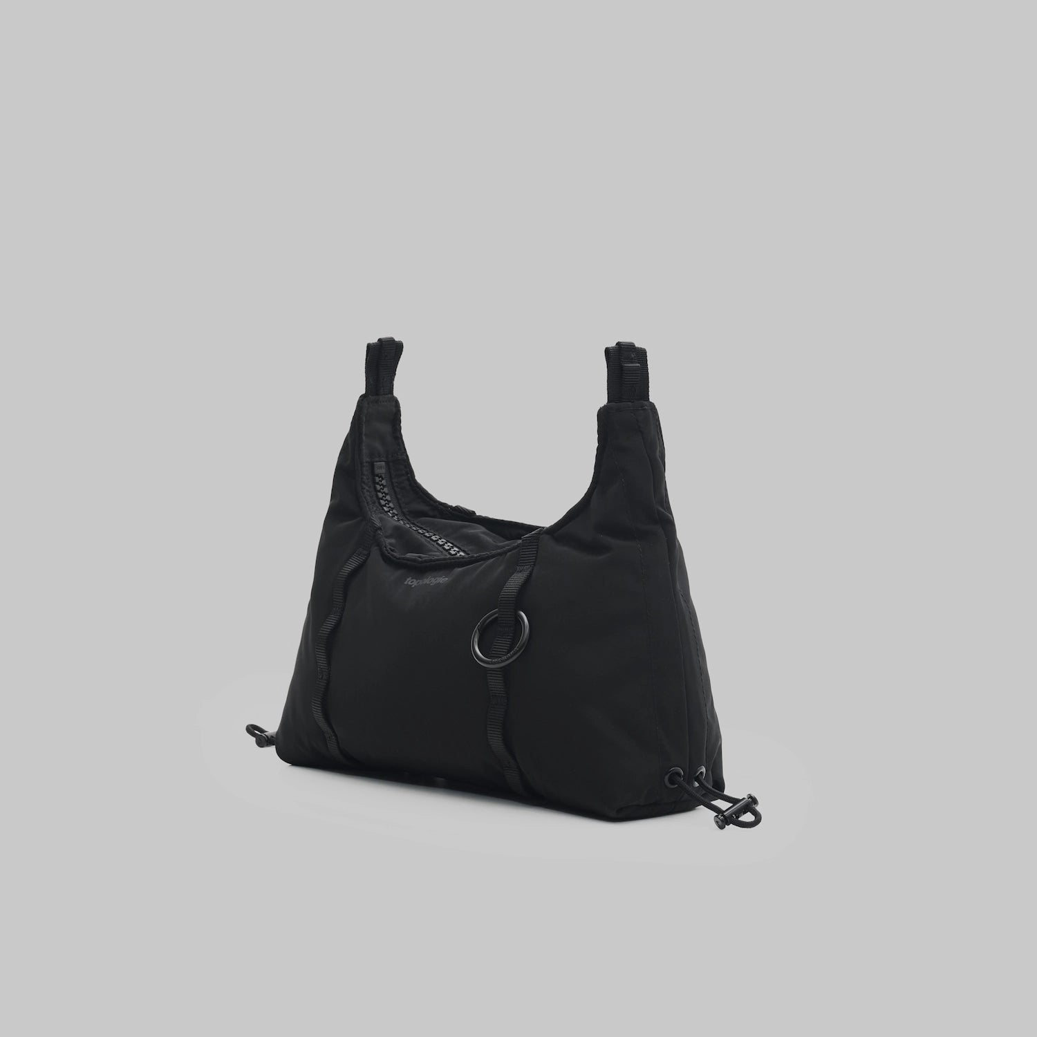 Cloud Hobo XS Black Tech Sateen Shoulder Bag side view on a light gray background