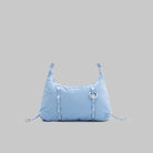 Cloud Hobo XS Chambray Silky Peach Shoulder Bag in blue with drawstring details and daisy chain webbing.