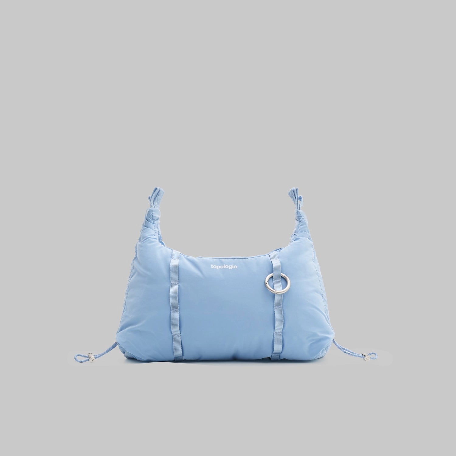 Cloud Hobo XS Chambray Silky Peach Shoulder Bag in blue with drawstring details and daisy chain webbing.