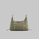 Cloud Hobo XS Moss Tech Sateen Shoulder Bag in olive green color with drawstring detail.