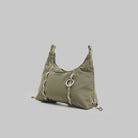 Cloud Hobo XS Moss Tech Sateen Shoulder Bag in green with drawstring design and daisy chain webbing.