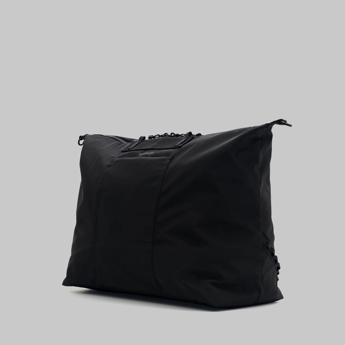 Explorer Tote Weekender Black Tech Sateen Shoulder Bag side view showcasing its sleek design and water-resistant fabric.