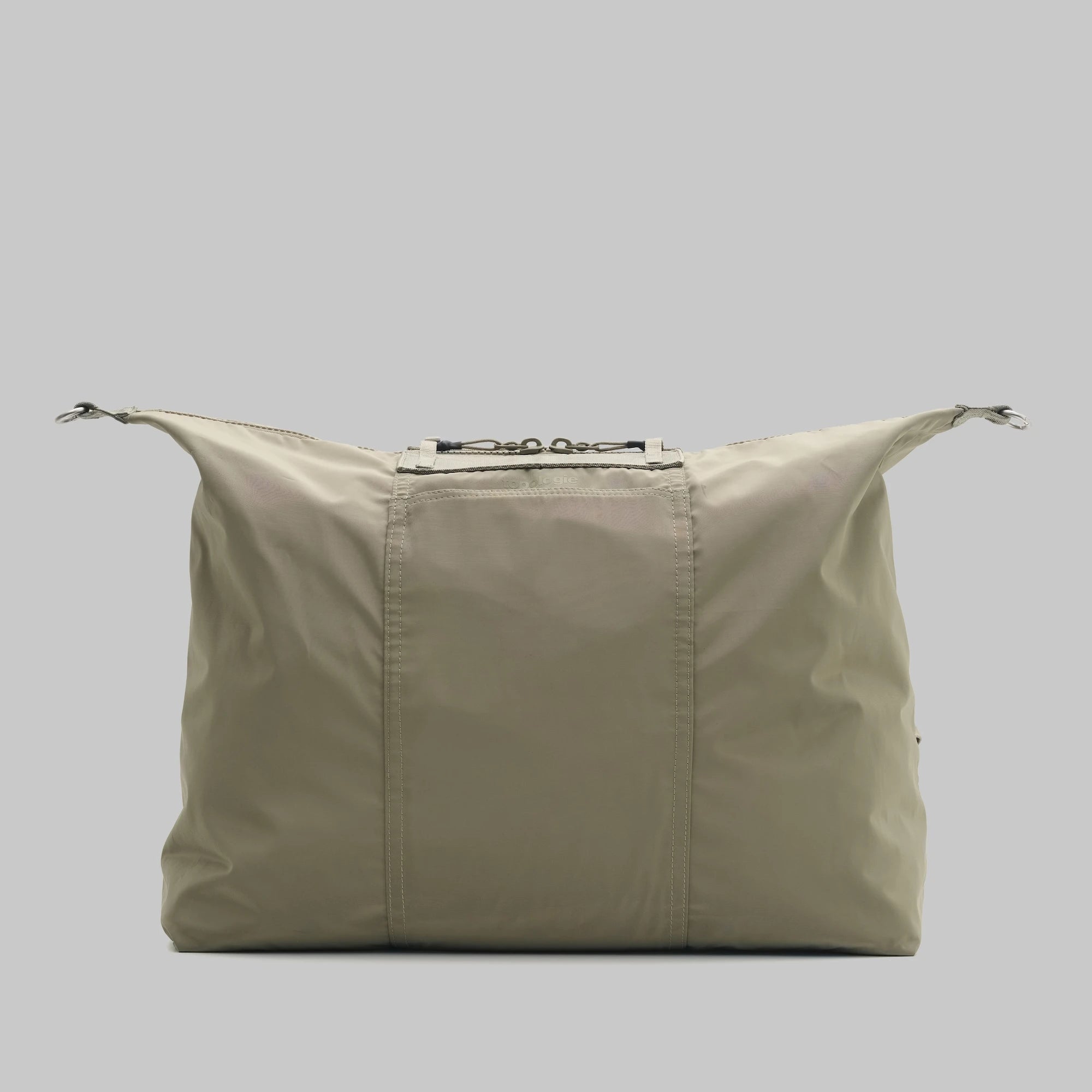 Explorer Tote Weekender Moss Tech Sateen Shoulder Bag in moss color with a zipped closure and water resistant material.