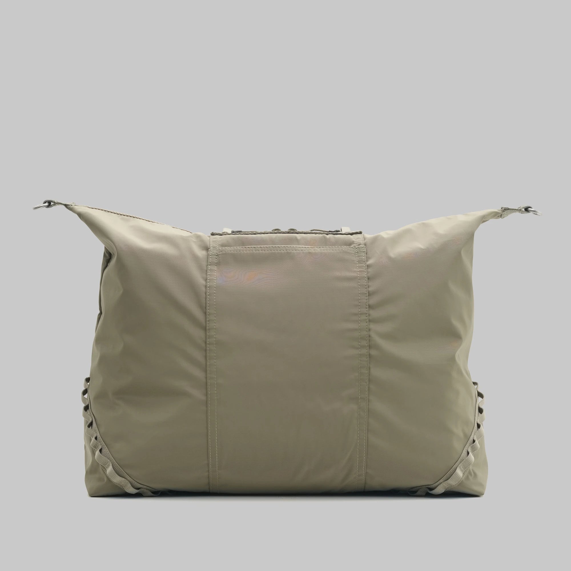 Explorer Tote Weekender Moss Tech Sateen Shoulder Bag in a neutral tone featuring a unique design and spacious interior.