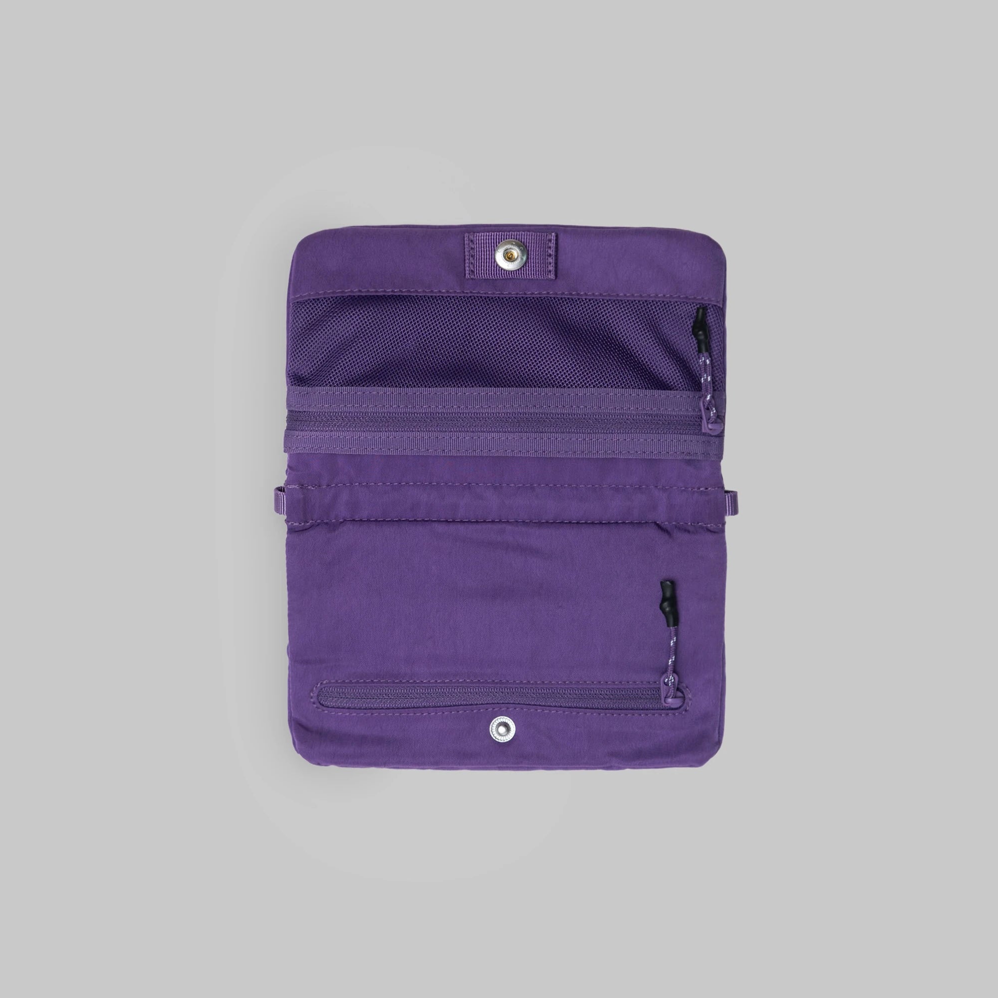Phone Sacoche 90 Purple Washed Silk Nylon Bag with multiple zipped compartments and water repellent fabric.