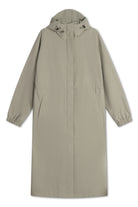 Roomy Long Tube Nylon Light Army Coat in light grey color with adjustable hood and pockets.