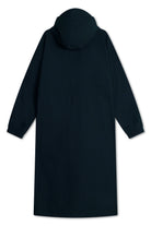 Roomy Long Tube Nylon Navy Coat displayed from the back view featuring a hood, long sleeves, and a lightweight design.