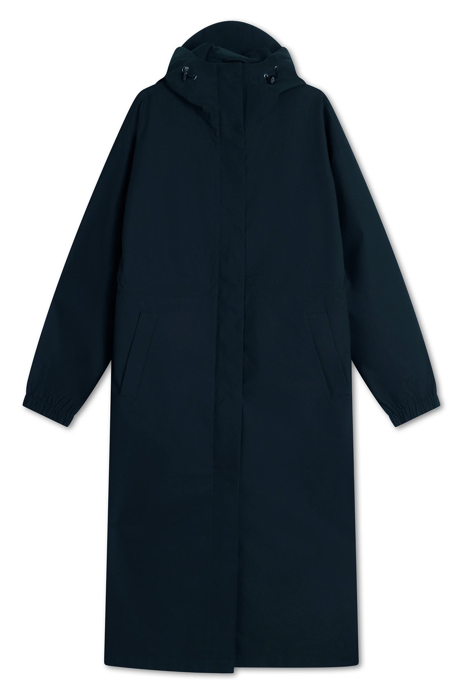 Roomy Long Tube Nylon Navy Coat, waterproof and breathable jacket with adjustable hood and lightweight design.