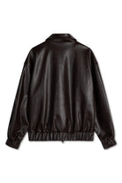 Back view of the Short Tracker WM Dark Chocolate Jacket showing faux leather finish and elastic waistband.