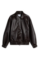Short Tracker WM Dark Chocolate Jacket featuring faux leather, two-way zipper, and elastic waistband.