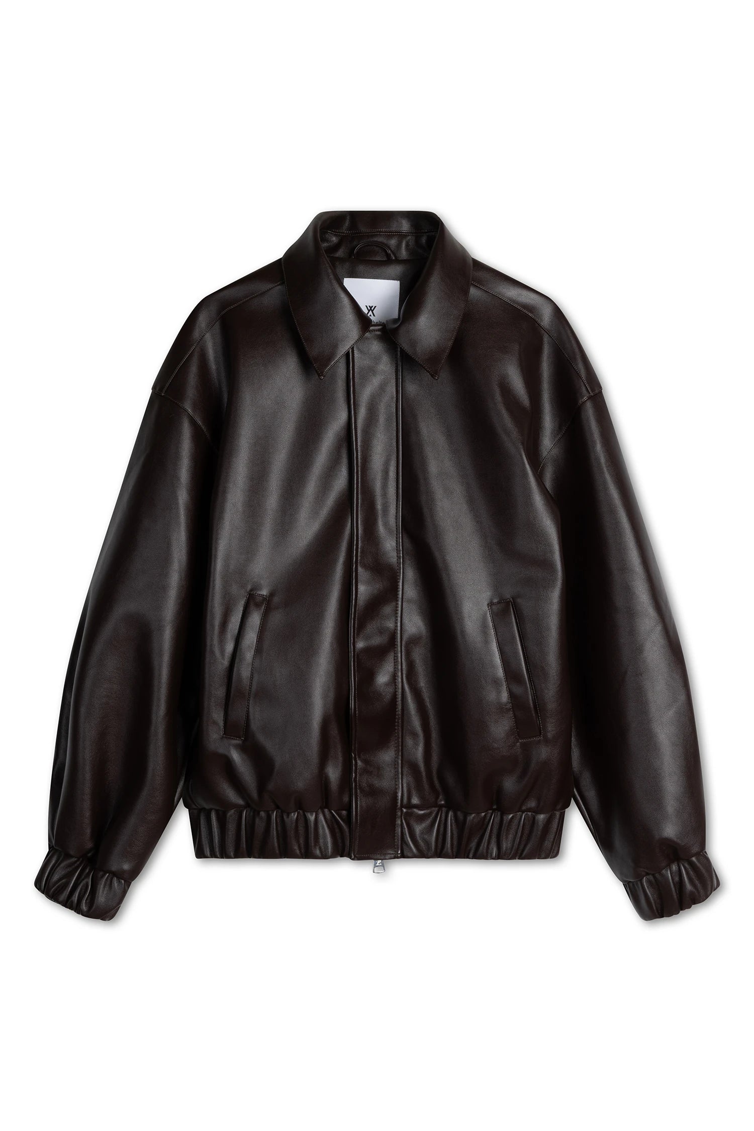 Short Tracker WM Dark Chocolate Jacket featuring faux leather, two-way zipper, and elastic waistband.