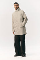 Terror Weather Nylon Light Army Coat shown on model with adjustable hood in soft touch nylon.