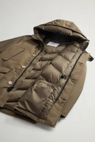Arctic Parka Dark Green Coat displaying premium down filling, windproof features, and protective hood design.